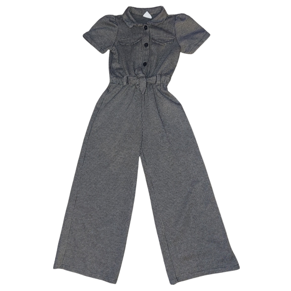 Zara Girls Size 8 Short Sleeve Utility Jumpsuit Houndstooth Gray Wide Leg